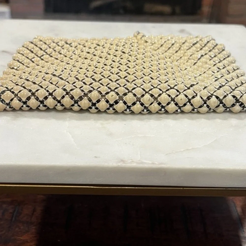 VTG 1950s Lattice Beaded Clutch‎ Purse Ivory Plastic Beads Japan Satin Lining